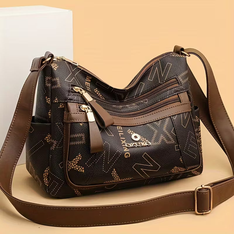 Women'S Genuine Textured Printed Multi-Layer Large Capacity Crossbody Bag