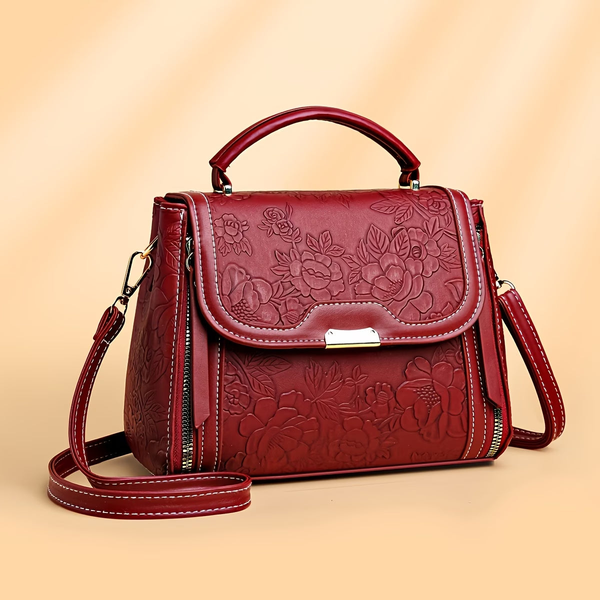 Elegant Floral Embossed Handbag - Large Capacity Handbag with Adjustable Strap