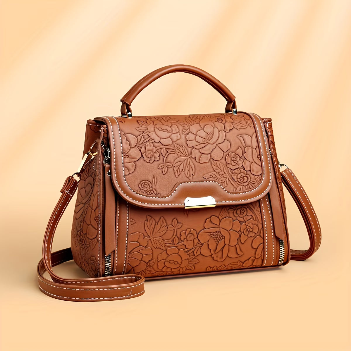 Elegant Floral Embossed Handbag - Large Capacity Handbag with Adjustable Strap