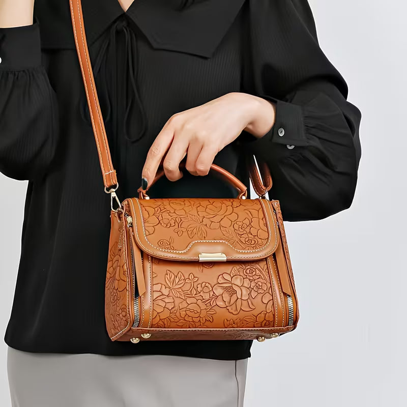 Elegant Floral Embossed Handbag - Large Capacity Handbag with Adjustable Strap