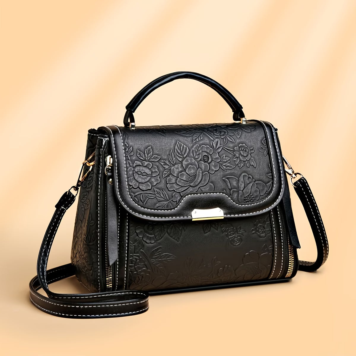 Elegant Floral Embossed Handbag - Large Capacity Handbag with Adjustable Strap